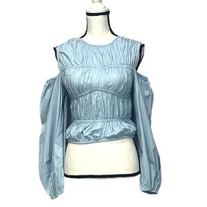 Topshop shirred poplin off the shoulder blouse in blue